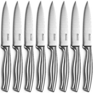 zaws steak knives, knives set of 8, stainless steel knife gift box set,super sharp kitchen serrated knife, ergonomic tapered handle, 9.1 in, silver