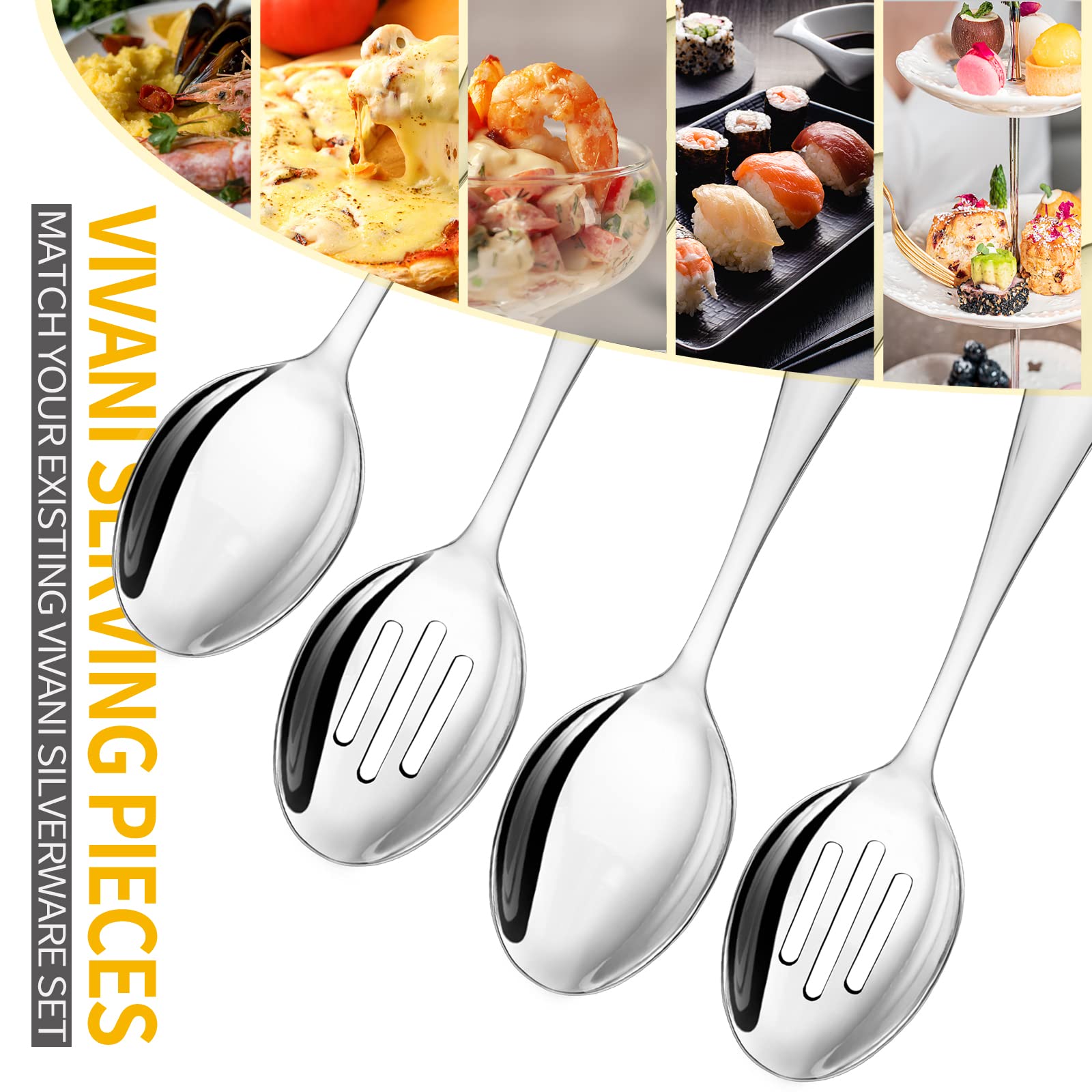 VIVANI Serving Spoon Set, 8.5 inches Serving Spoons Stainless Steel x 2, Slotted Serving Spoons x 2, Serving Utensils Set for Parties Buffet Banquet