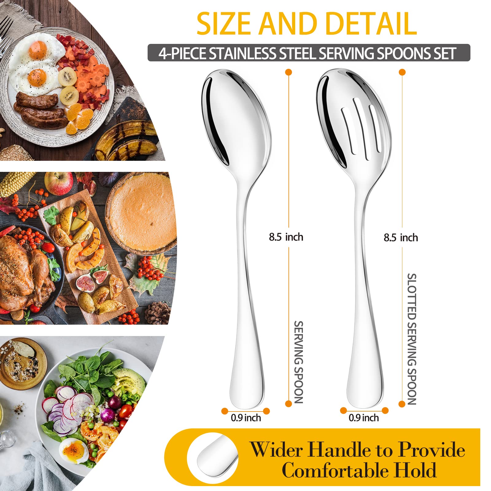 VIVANI Serving Spoon Set, 8.5 inches Serving Spoons Stainless Steel x 2, Slotted Serving Spoons x 2, Serving Utensils Set for Parties Buffet Banquet