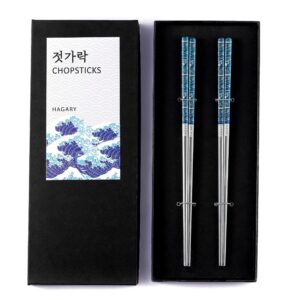 hagary blue wave chopsticks 2 pairs metal chopsticks reusable designed in korea japanese style stainless steel 316 18/10 non-slip dishwasher safe
