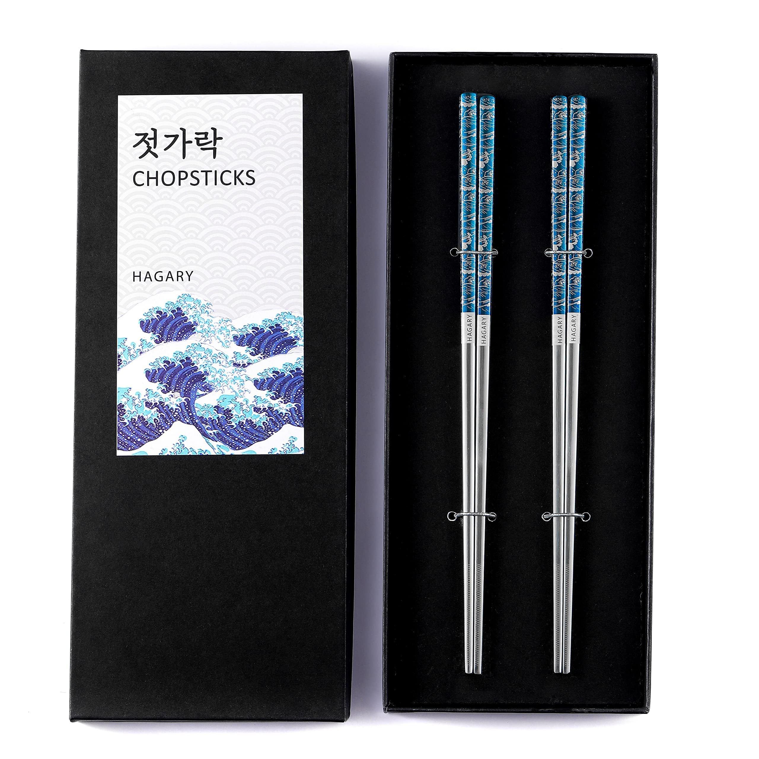 Hagary Blue Wave Chopsticks 2 Pairs Metal Chopsticks Reusable Designed In Korea Japanese Style Stainless Steel 316 18/10 Non-Slip Dishwasher Safe