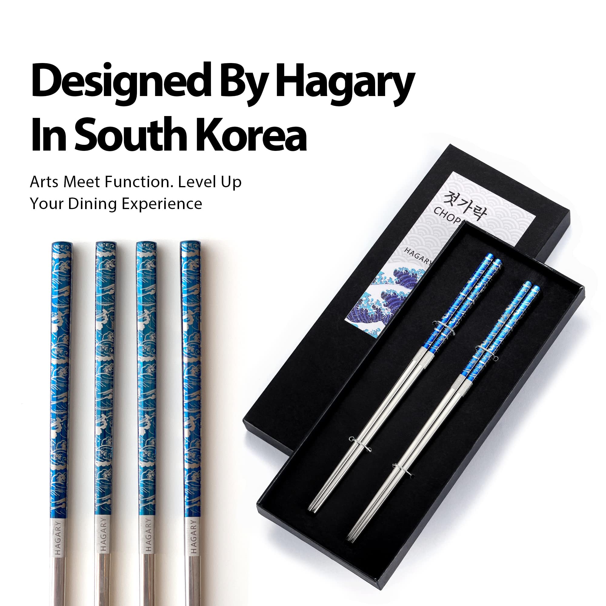 Hagary Blue Wave Chopsticks 2 Pairs Metal Chopsticks Reusable Designed In Korea Japanese Style Stainless Steel 316 18/10 Non-Slip Dishwasher Safe