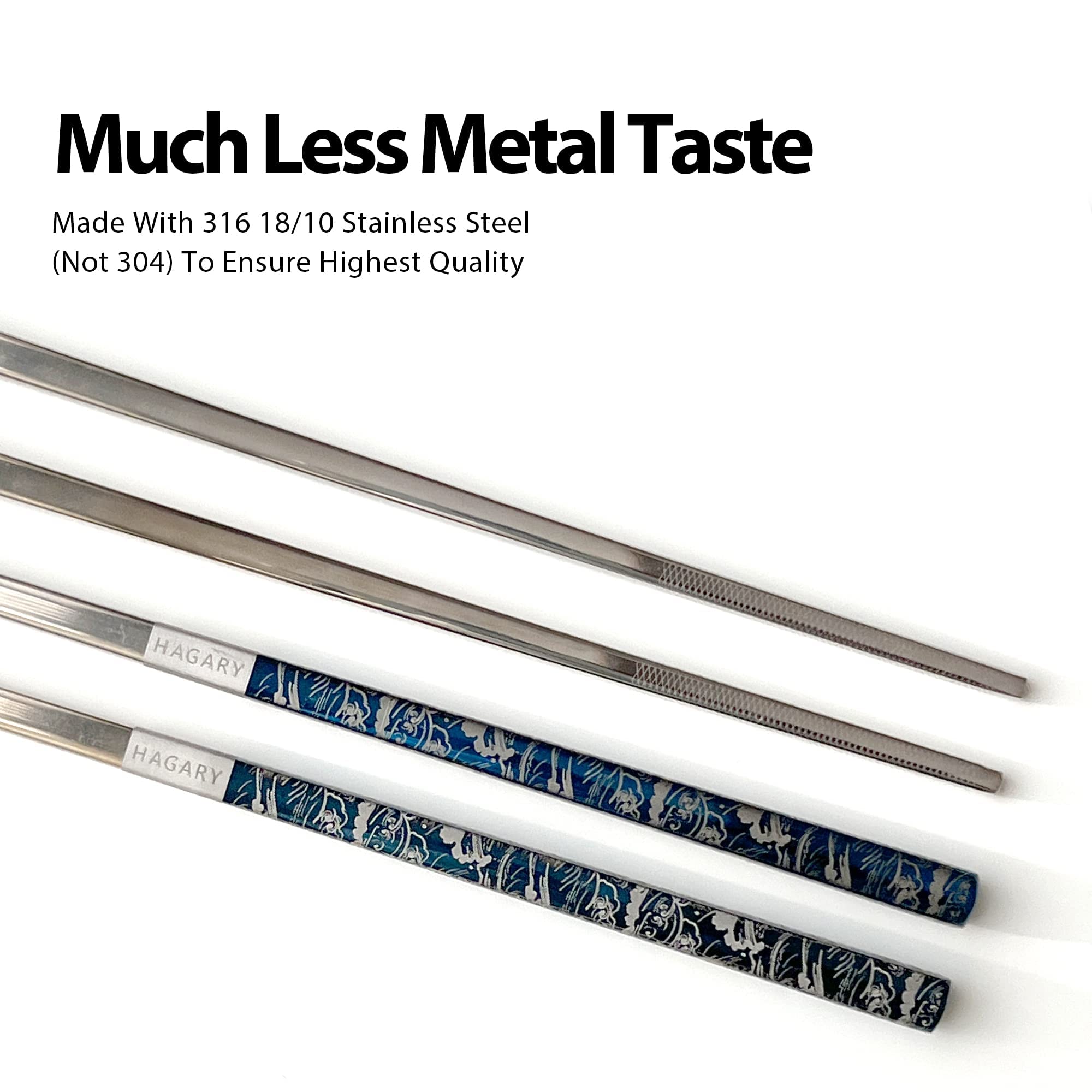 Hagary Blue Wave Chopsticks 2 Pairs Metal Chopsticks Reusable Designed In Korea Japanese Style Stainless Steel 316 18/10 Non-Slip Dishwasher Safe