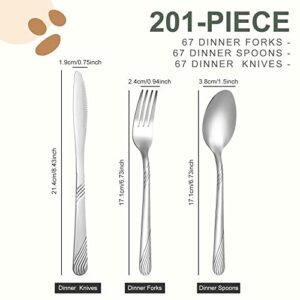 201 Pcs Silverware Set Stainless Steel Flatware Sets Service for 67 Silver Cutlery Set Serving Utensils Set Includes 67 Knife 67 Fork 67 Spoon for Kitchen Dinner Table, Mirror Polished Dishwasher Safe