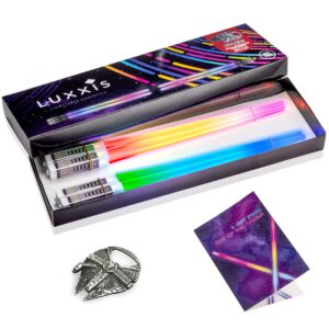 luxxis lightsaber star wars chopsticks light up led glowing multicolor chopsticks for fun theme party and gift set [2 pairs - multicolor] with bottle opener and gift ready post card
