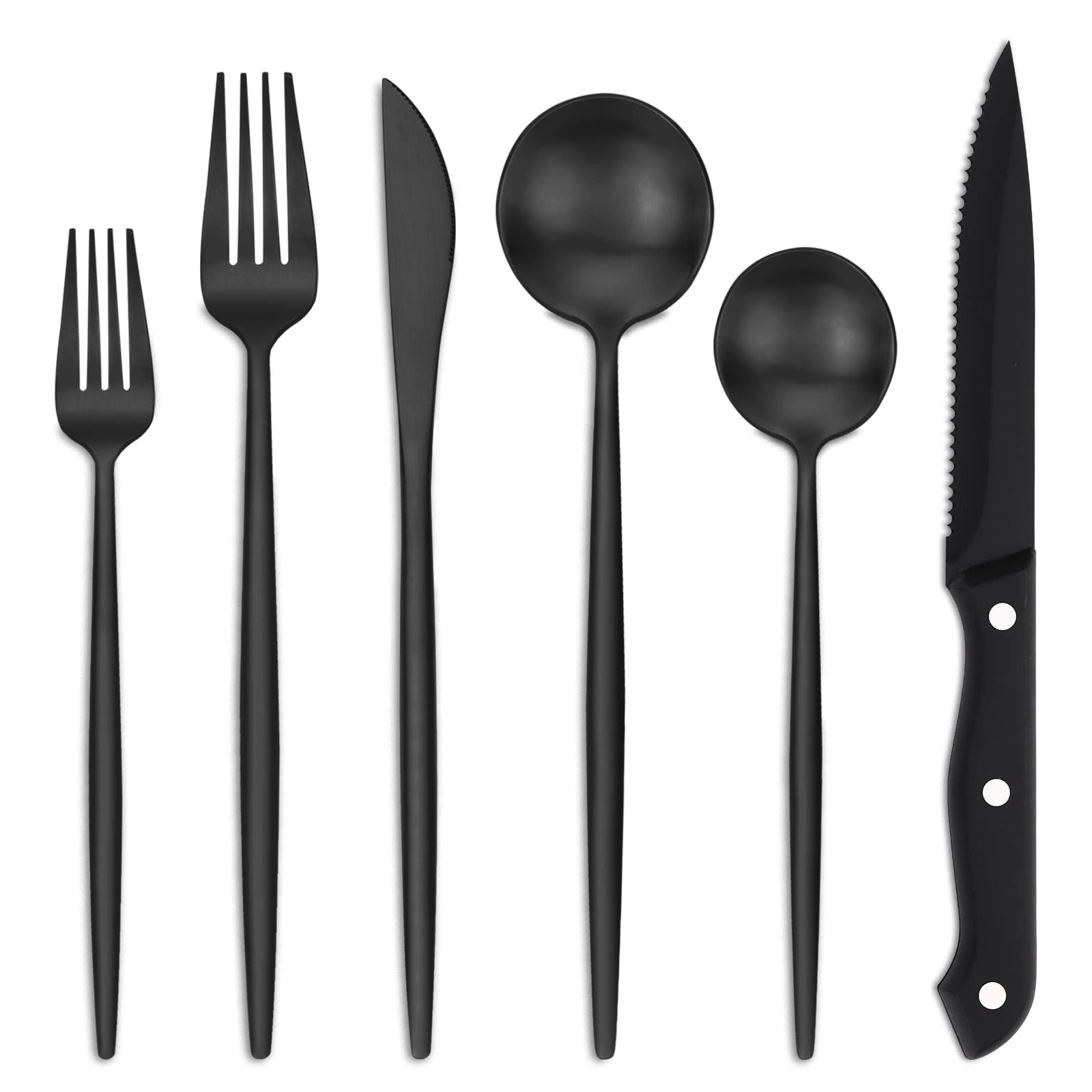 EUIRIO 48-Piece Matte Black Silverware Set with Steak Knives, Black Flatware Set for 8, Stainless Steel Forks and Spoons Silverware Sets, Black Cutlery Utensils Set, Satin Finish & Dishwasher Safe