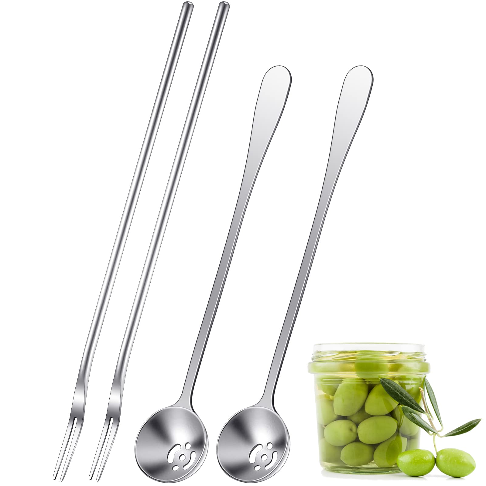 Didaey 4 Pcs 8.7 Inch Pickle Fork and Olive Spoon Strainer Set Stainless Steel Long Handle Pick Jar Serving Spoon with Drain Hole Spoon Prong for Onion Cucumber Arugula (Classic Style)