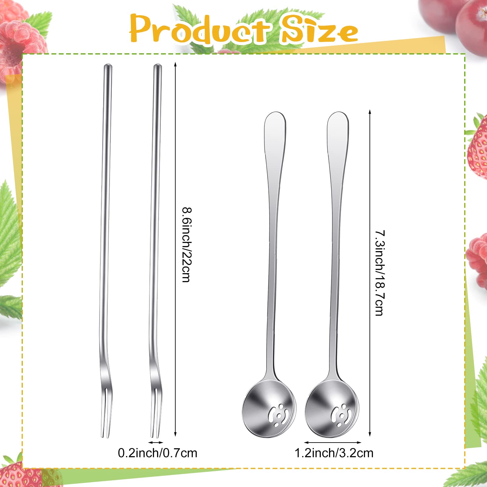 Didaey 4 Pcs 8.7 Inch Pickle Fork and Olive Spoon Strainer Set Stainless Steel Long Handle Pick Jar Serving Spoon with Drain Hole Spoon Prong for Onion Cucumber Arugula (Classic Style)