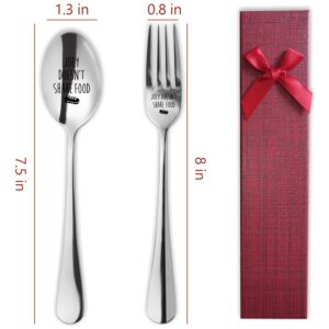 2 Pieces Joey Doesn't Share Food - Engraved Stainless Spoon Fork Set, Kitchen Restaurant Long Handle Dinner Spoop and Fork for Women, Men, Friends, Sister Birthday Christmas Gifts