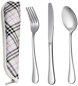 premium quality 18/8 stainless steel fork,knife,and spoon in case,travel utensils with case,reusable camping silverware set,portable design for travel,lunch box,dorm,work,picnic