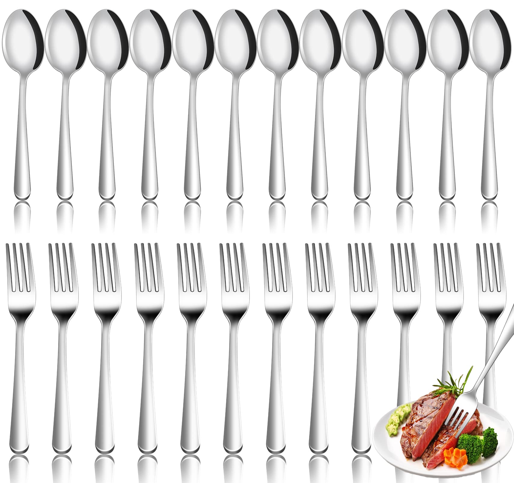 24 Pcs Forks and Spoons Silverware Set,Stainless Steel Flatware Cutlery Set,Food Grade Kitchen Utensil for Home Restaurant,12 Dinner Spoons and 12 Dinner Forks,Mirror Polished,Dishwasher Safe