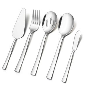 e-far 5-piece serving utensils, stainless steel square edge hostess serving set for buffet party kitchen restaurant, mirror finished & dishwasher safe