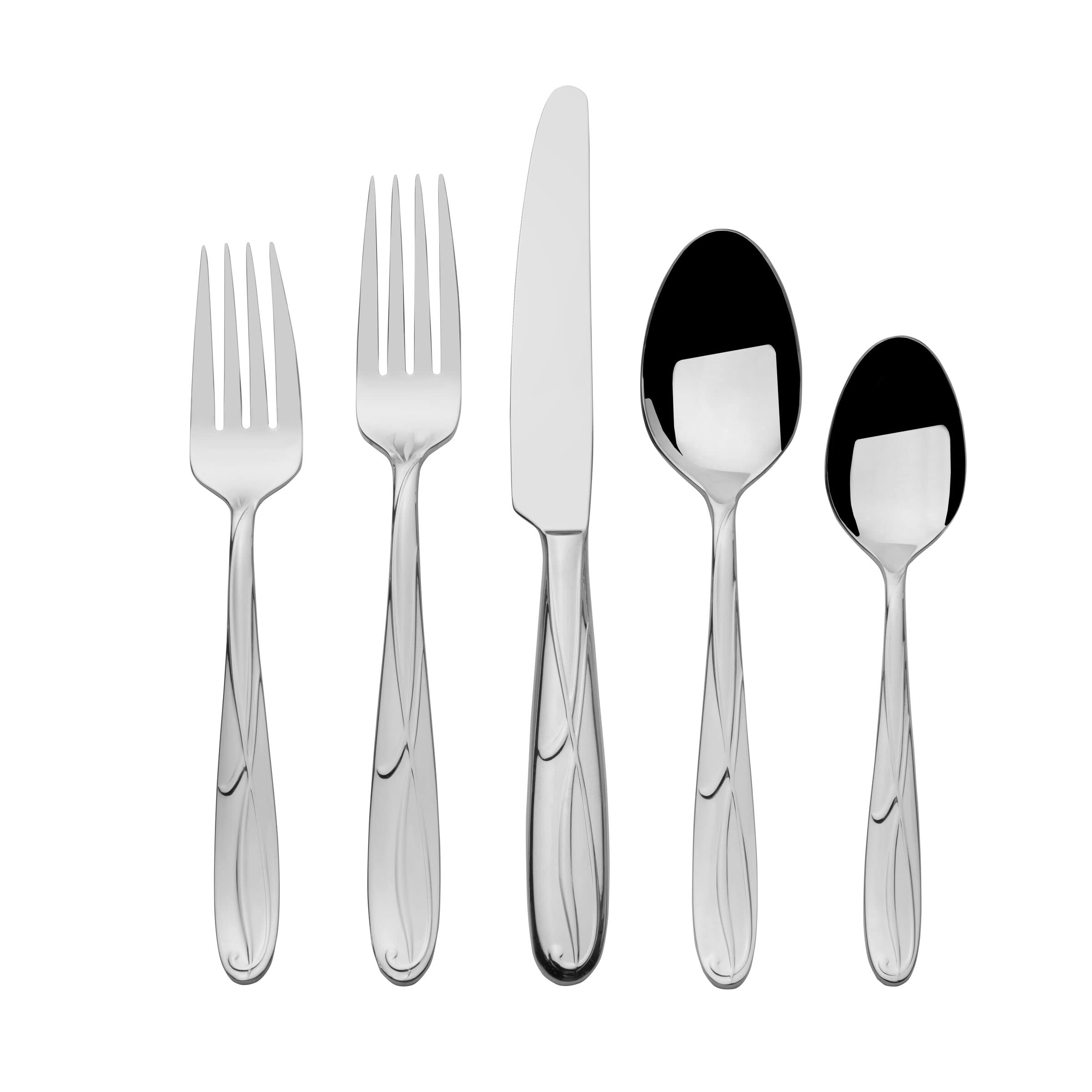 Mikasa 5061639 Cocoa Blossom 65-Piece 18/10 Stainless Steel Flatware Set with Hostess Serving Utensil Set, Service for 12,Silver