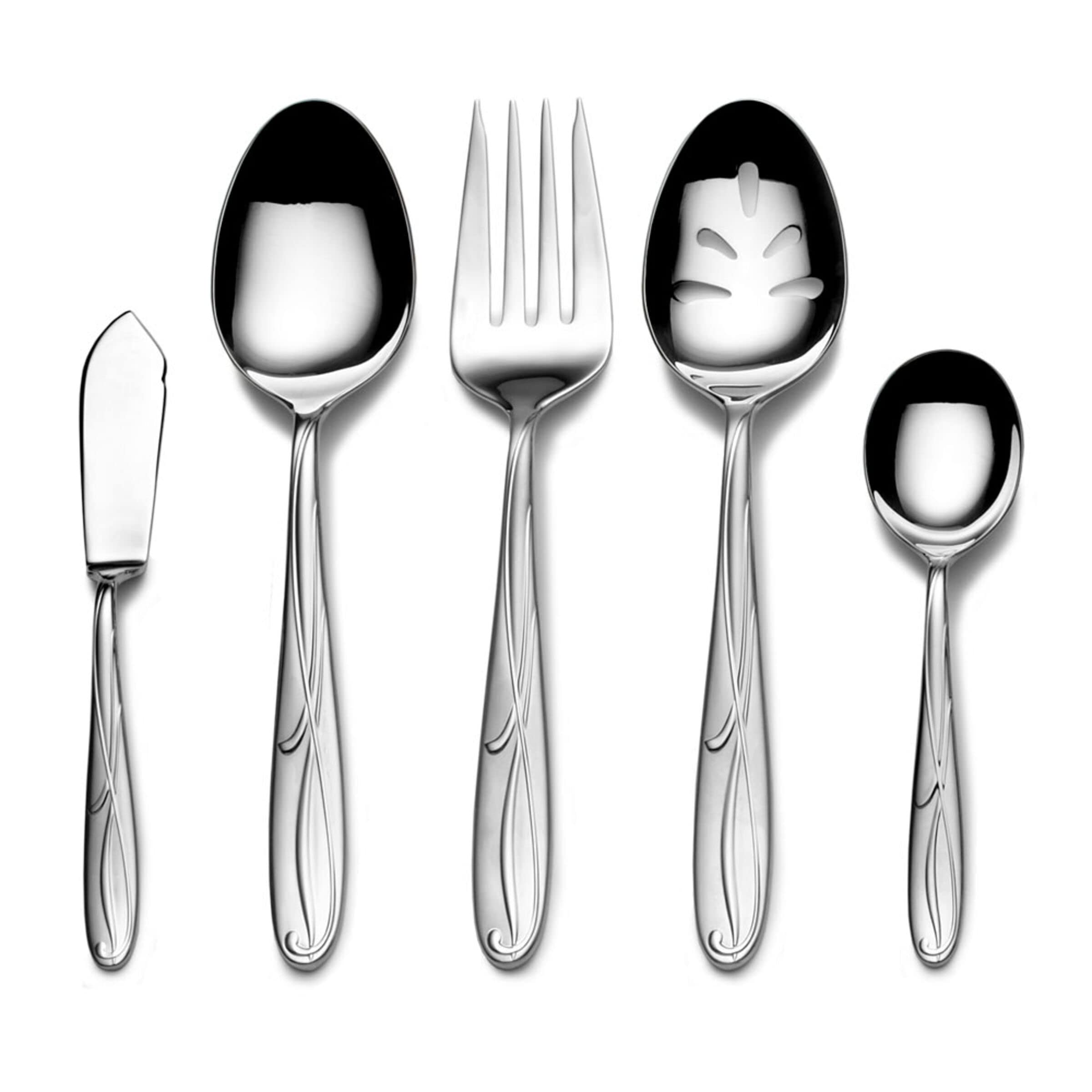 Mikasa 5061639 Cocoa Blossom 65-Piece 18/10 Stainless Steel Flatware Set with Hostess Serving Utensil Set, Service for 12,Silver