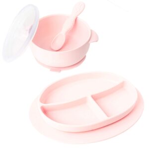 ullabelle suction toddler plates & bowls complete set w/spoon- bpa free 100% food grade silicone- microwave & dishwasher safe baby suction plate, suction bowl w/lid, & spoon- (pink)
