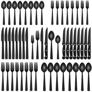 yoehka 48-piece black silverware set with steak knives,stainless steel black flatware cutlery set for 8, durable home kitchen eating tableware set, include fork knife spoon set, hand wash recommended