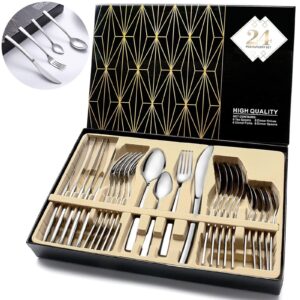 silverware set, hobo 24-piece stainless steel flatware silverware set with premium gift box, include knife/fork/spoon/teaspoon service for 6, mirror finish, smooth edge