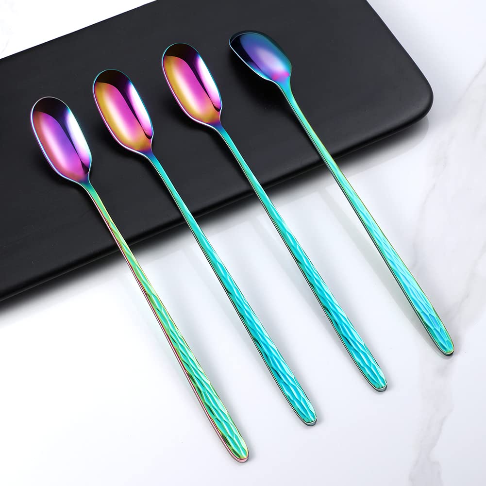 Rainbow Texture Long Handle Spoons, YFWOOD 9.1-Inch Cocktail Mixing Spoons, Coffee Spoons, Ice Cream Spoons, Premium18/10 Stainless Steel Iced Tea Spoons - Set of 4