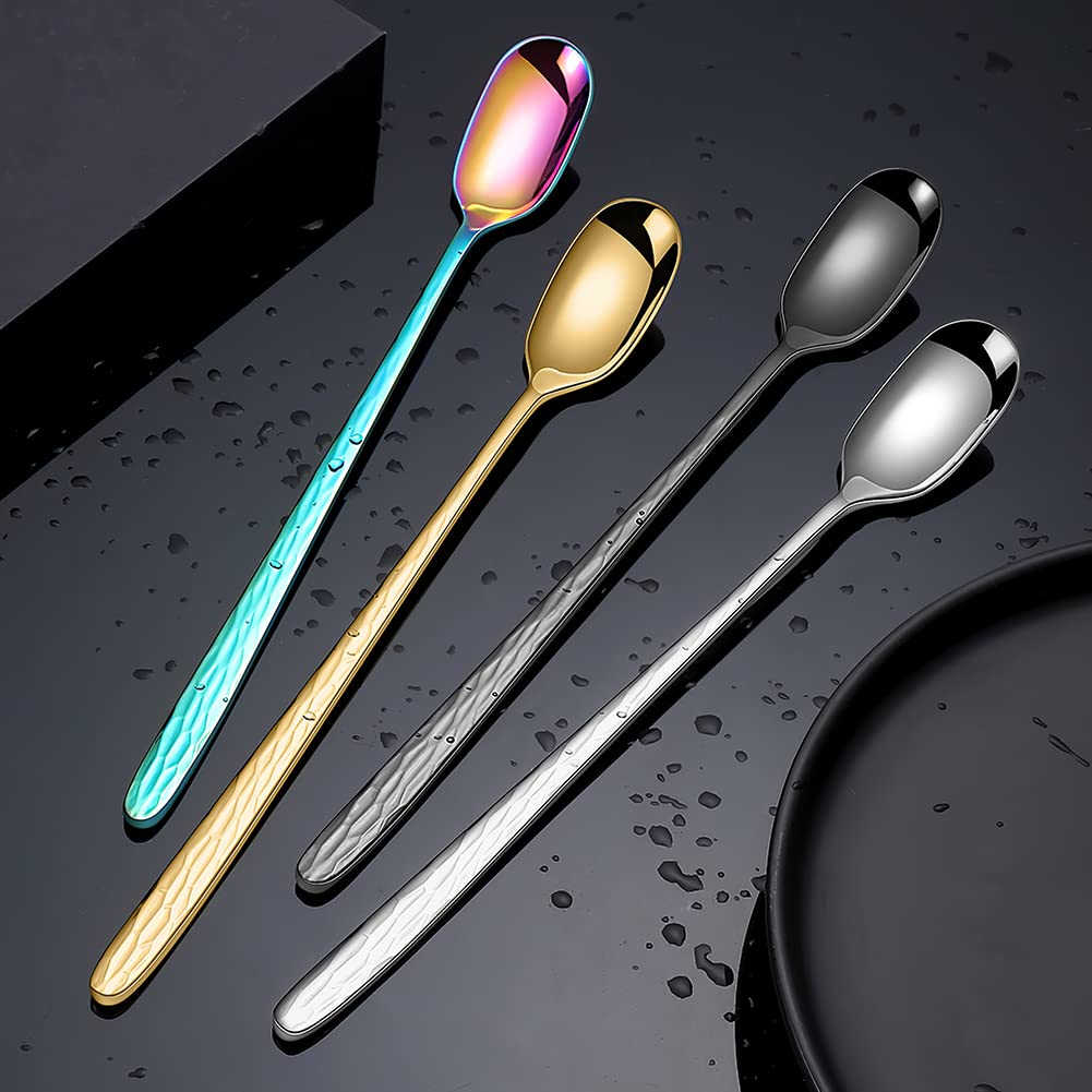 Rainbow Texture Long Handle Spoons, YFWOOD 9.1-Inch Cocktail Mixing Spoons, Coffee Spoons, Ice Cream Spoons, Premium18/10 Stainless Steel Iced Tea Spoons - Set of 4