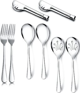 hohscheid stainless steel flatware serving utensils, 8 pieces buffet catering party banquet flatware serving set, include serving spoons, slotted spoons, tongs and forks