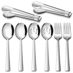 lianyu serving utensils, stainless steel serving spoons set of 8, include 2 serving spoons, 2 slotted spoons, 2 serving forks, 2 metal tongs for kitchen buffet party banquet entertaining
