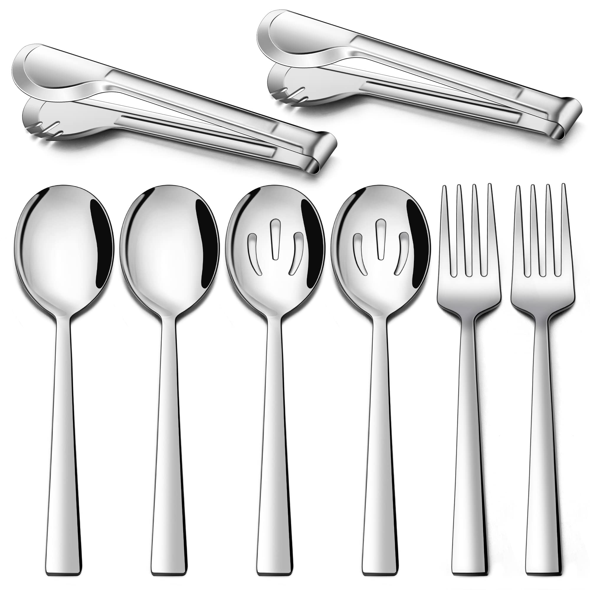 LIANYU Serving Utensils, Stainless Steel Serving Spoons Set of 8, Include 2 Serving Spoons, 2 Slotted Spoons, 2 Serving Forks, 2 Metal Tongs for Kitchen Buffet Party Banquet Entertaining