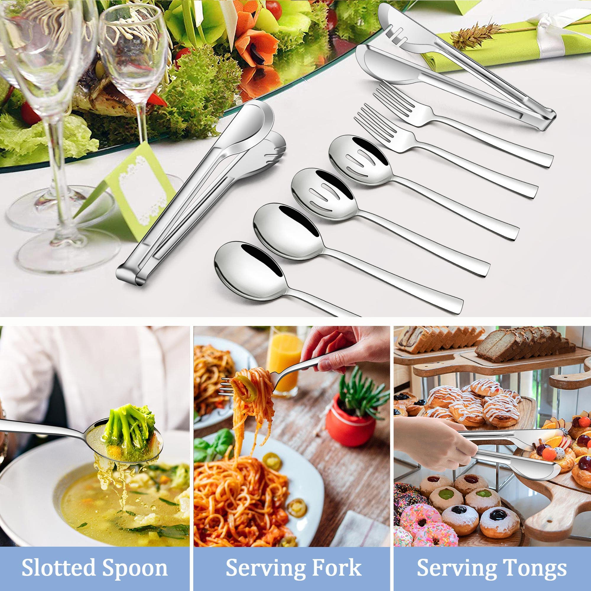 LIANYU Serving Utensils, Stainless Steel Serving Spoons Set of 8, Include 2 Serving Spoons, 2 Slotted Spoons, 2 Serving Forks, 2 Metal Tongs for Kitchen Buffet Party Banquet Entertaining