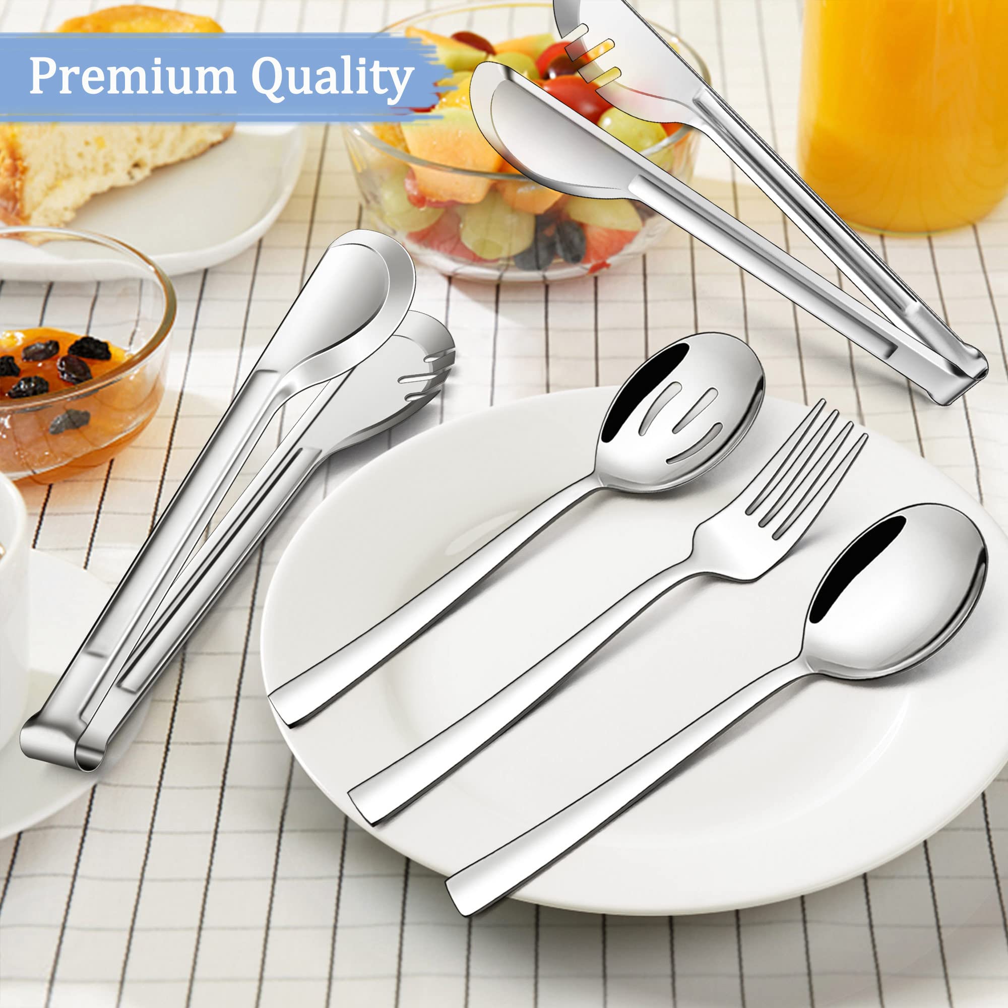 LIANYU Serving Utensils, Stainless Steel Serving Spoons Set of 8, Include 2 Serving Spoons, 2 Slotted Spoons, 2 Serving Forks, 2 Metal Tongs for Kitchen Buffet Party Banquet Entertaining