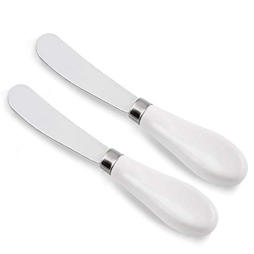 ONTUBE Butter Knife Set of 2, Stainless Steel Blade with Porcelain Handle, Big Circle Cheese Butter Spreader Knives Set for Kitchen, White 5.9-Inches