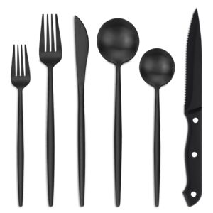 euirio 24 pieces matte black silverware set with steak knives, stainless steel flatware set for 4, cutlery utensil sets, spoons and forks set, dishwasher safe