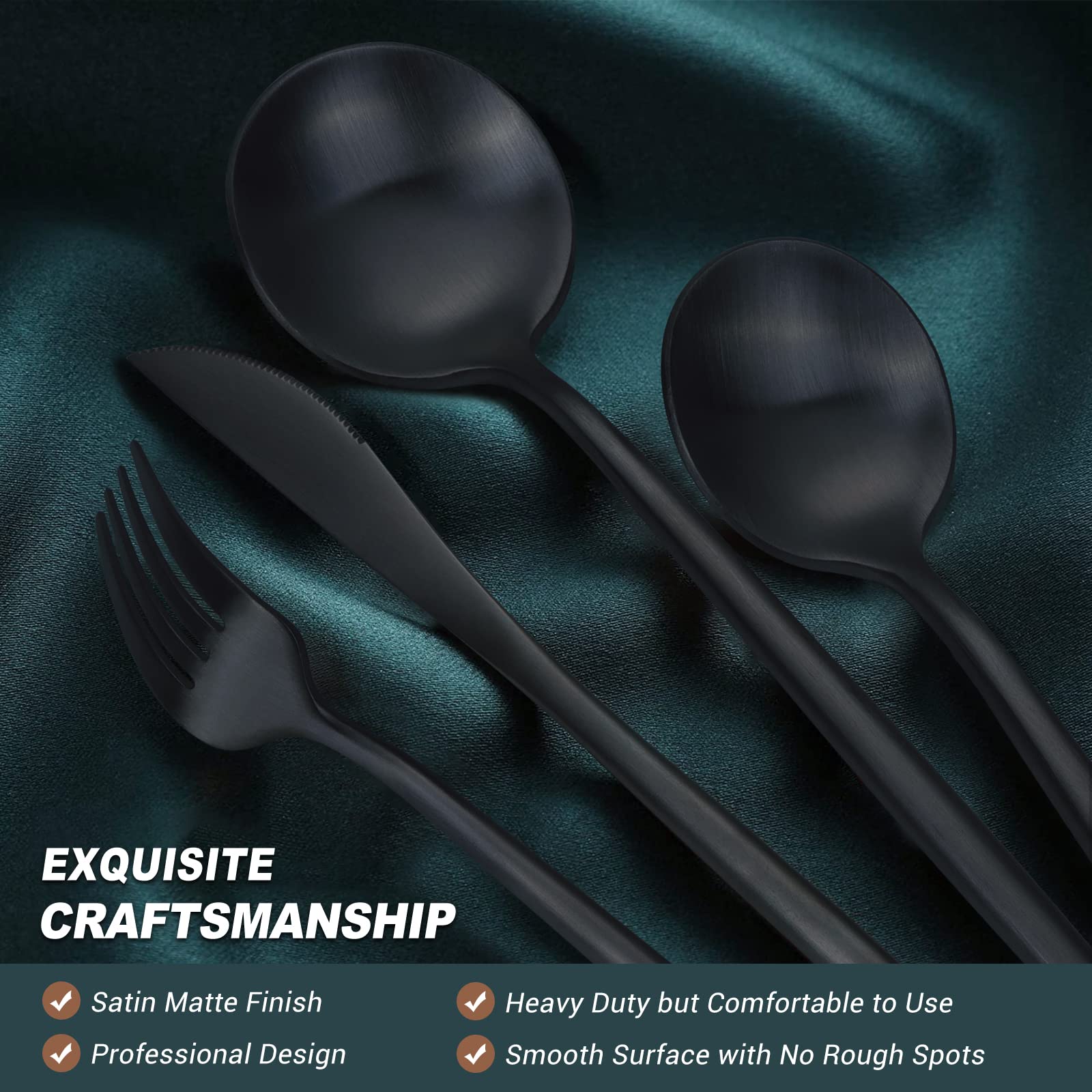 EUIRIO 24 Pieces Matte Black Silverware Set with Steak Knives, Stainless Steel Flatware Set for 4, Cutlery Utensil Sets, Spoons and Forks Set, Dishwasher Safe