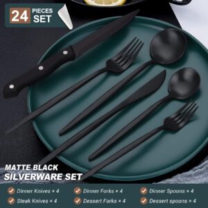 EUIRIO 24 Pieces Matte Black Silverware Set with Steak Knives, Stainless Steel Flatware Set for 4, Cutlery Utensil Sets, Spoons and Forks Set, Dishwasher Safe