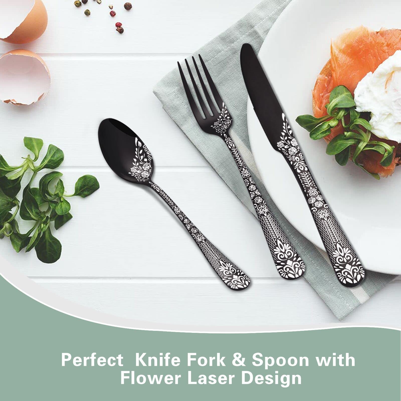 EUIRIO 72-Piece Black Silverware Set with Steak Knives,Black Flatware Set for 12,Stainless Steel Tableware Cutlery Set,Kitchen Utensils Spoon and Fork Set with Floral Laser,Dishwasher Safe