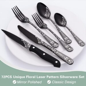 EUIRIO 72-Piece Black Silverware Set with Steak Knives,Black Flatware Set for 12,Stainless Steel Tableware Cutlery Set,Kitchen Utensils Spoon and Fork Set with Floral Laser,Dishwasher Safe