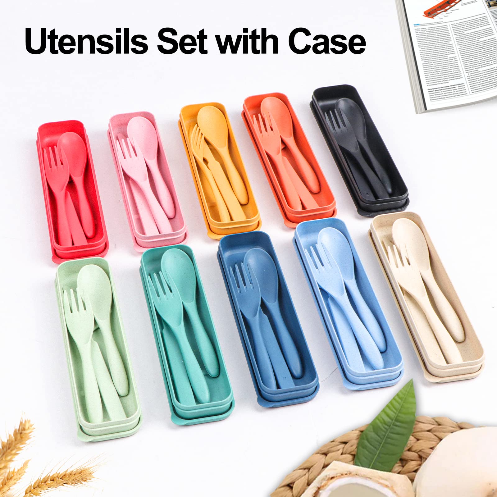 Reusable Travel Utensils Set with Case, 10 Sets Wheat Straw Portable Knife Fork Spoons Tableware, Eco-Friendly BPA Free Plastic Cutlery Travel Picnic Camping Utensils for Kids Adults Daily Use