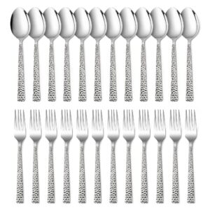 e-far 24-piece hammered forks and spoons silverware set, stainless steel square 12 dinner forks and 12 dinner spoons, modern metal flatware cutlery for kitchen and restaurant, dishwasher safe-7.9 inch