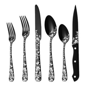 stapava 48-piece black silverware set with steak knives for 8, stainless steel flatware set, mirror polished cutlery utensils set, include knives forks spoons set, dishwasher safe
