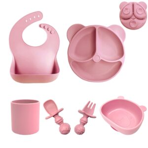 tinggnit 6pcs silicone baby feeding set, silicone bib, toddler, bowl, straw cup with suction baby plate fork&spoon baby eating supplies, baby plates with suction,baby gifts,(dark pink）