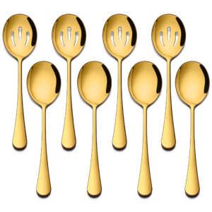 homikit stainless steel 4 gold serving spoons, 4 gold slotted serving spoons, metal buffet dinner party banquet restaurant catering serving utensils, mirror polished, dishwasher safe