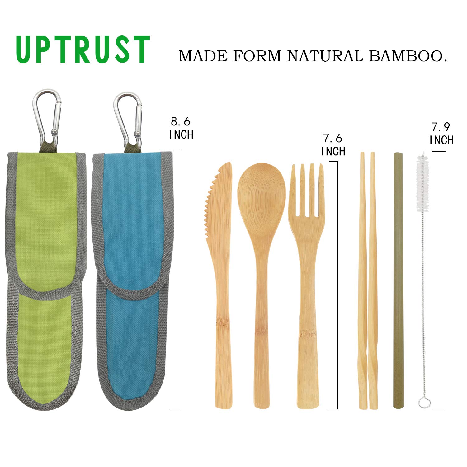 UPTRUST 2 Set Bamboo Cutlery Set Bamboo Travel Utensil Reusable Organic Bamboo Utensil Fork Knife Spoon Chopsticks Straw Cleaning Brush for Travel Picnic School Office（Skyblue& Green）