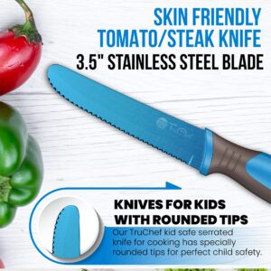 TruChef Kids Tomato Steak Knife Set for Real Cooking (Blue) - 2pcs - Skin Friendly Serrated Edge Stainless Steel Lightweight - Safe for Children & Beginners