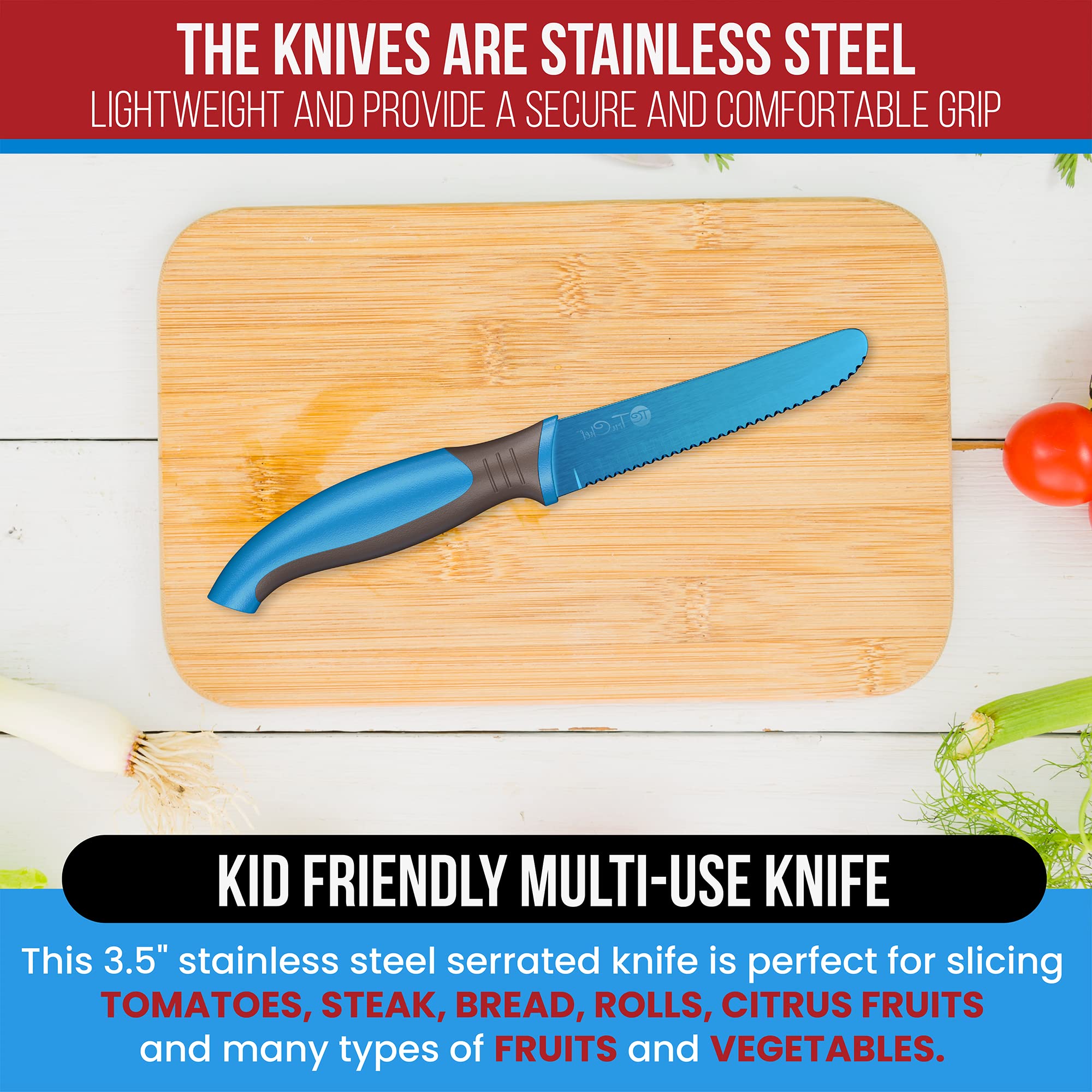 TruChef Kids Tomato Steak Knife Set for Real Cooking (Blue) - 2pcs - Skin Friendly Serrated Edge Stainless Steel Lightweight - Safe for Children & Beginners