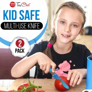 TruChef Kids Tomato Steak Knife Set for Real Cooking (Blue) - 2pcs - Skin Friendly Serrated Edge Stainless Steel Lightweight - Safe for Children & Beginners