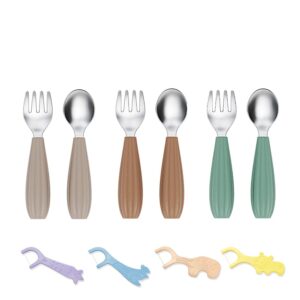 hippywell toddler utensils, 6pcs toddler forks and spoons set, kids silverware set with silicone anti-choke handle, self-feeding toddler utensils, children safe flatware, khaki/green/natural