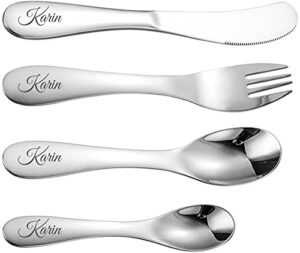 aipnis personalized kids silverware 4 piece set,custom name engraved toddlers tableware set,safe reusable child cutlery flatware includes fork knife table spoons for eating with gift box
