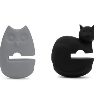 Fox Run Silicone Pot Clip Spoon Rest, Owl and Cat, Set of 2, 2.75", Grey and Black