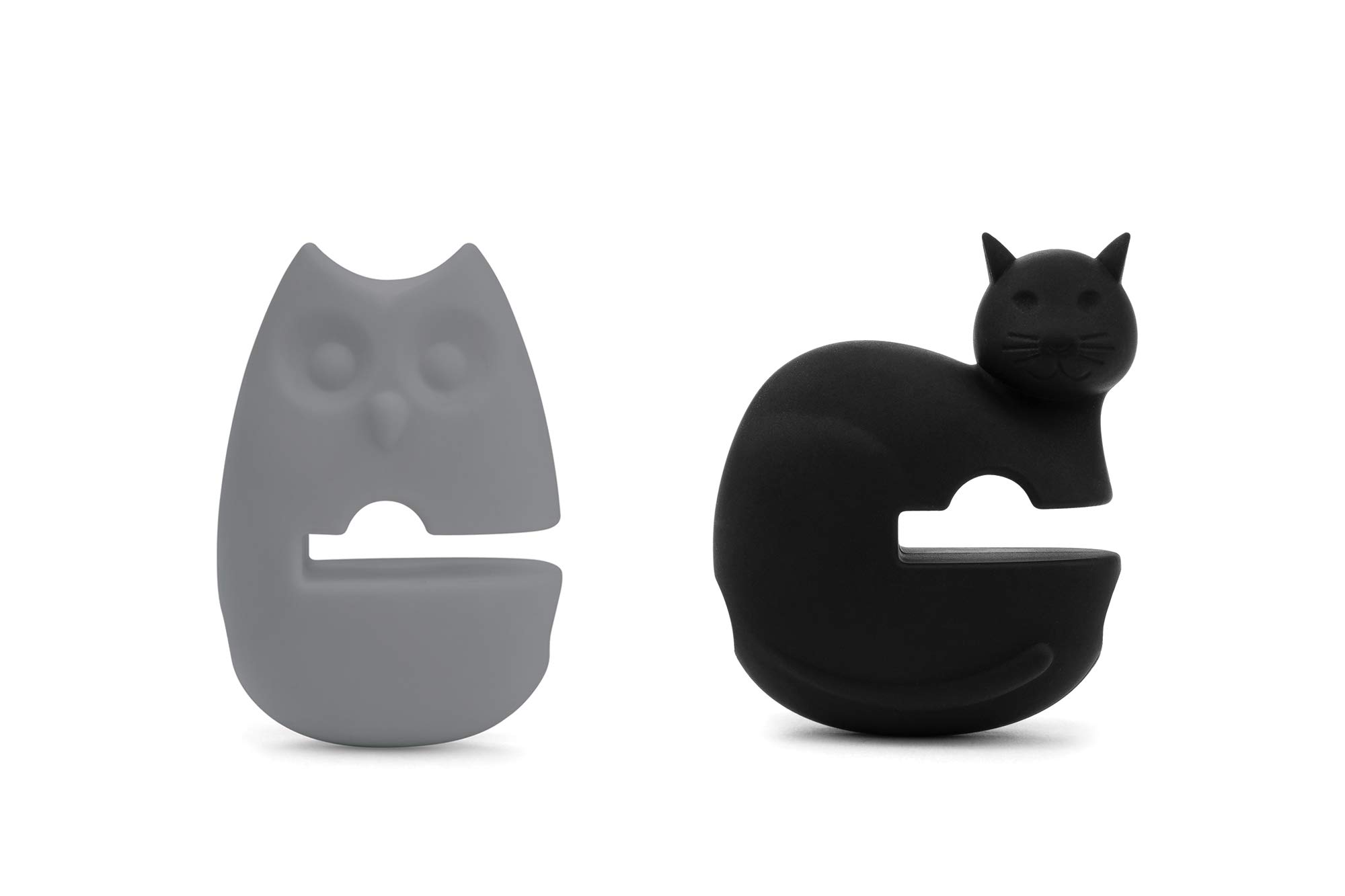 Fox Run Silicone Pot Clip Spoon Rest, Owl and Cat, Set of 2, 2.75", Grey and Black