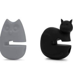 Fox Run Silicone Pot Clip Spoon Rest, Owl and Cat, Set of 2, 2.75", Grey and Black