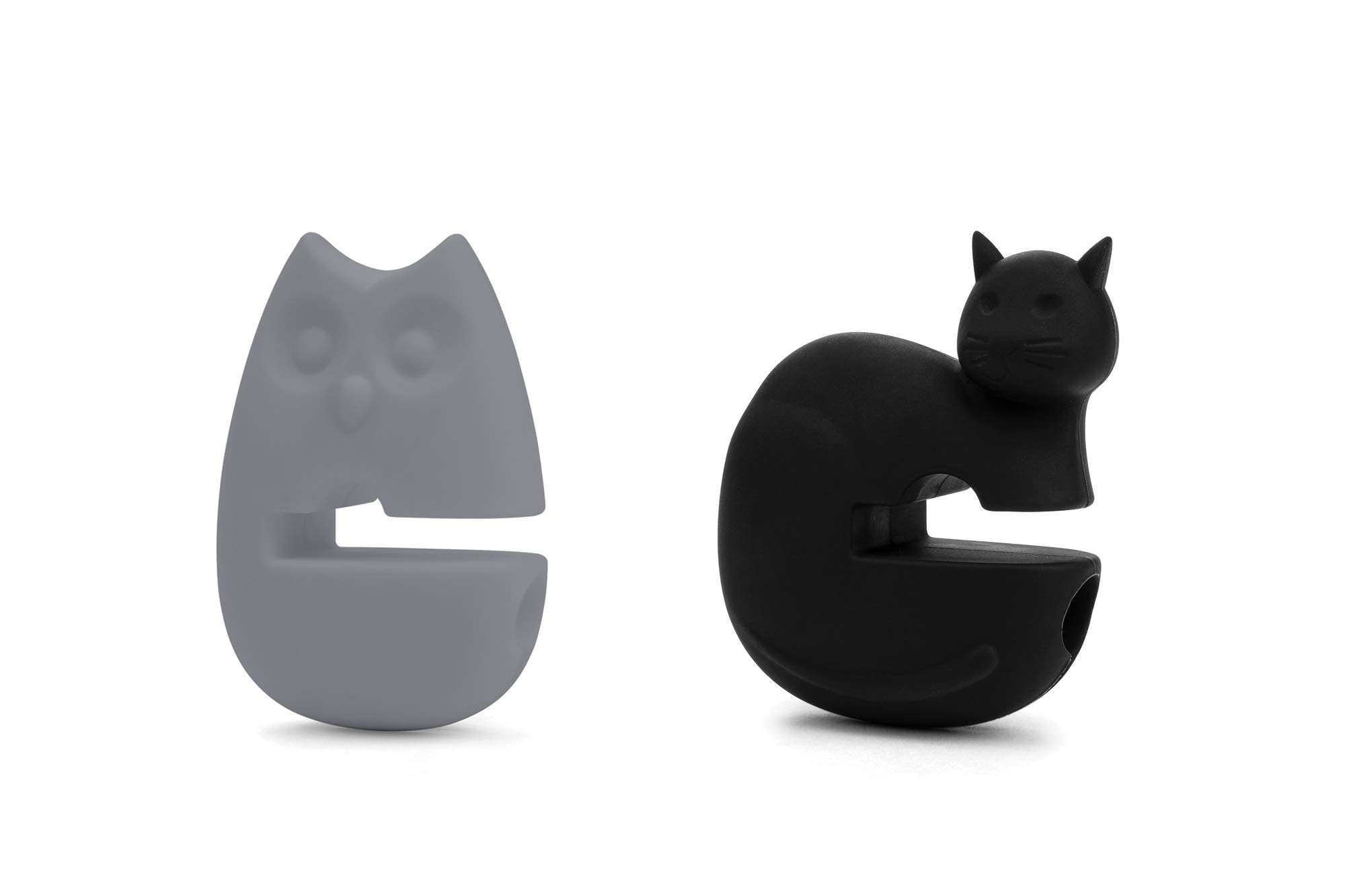 Fox Run Silicone Pot Clip Spoon Rest, Owl and Cat, Set of 2, 2.75", Grey and Black