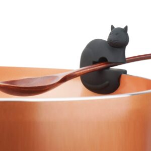 Fox Run Silicone Pot Clip Spoon Rest, Owl and Cat, Set of 2, 2.75", Grey and Black